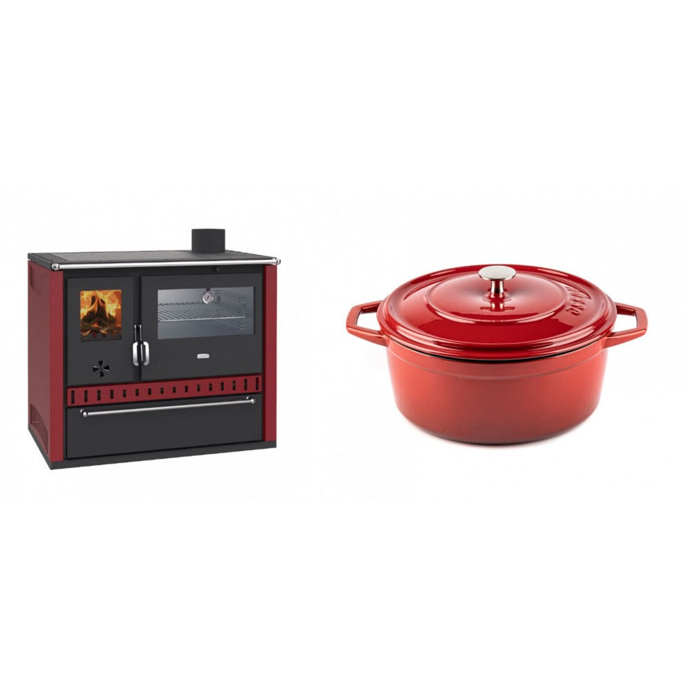Set Küchenofen / Küchenhexe Wasserführend Prity GT W10 Rot, mit Edelstahl-Backofen, Stahlhobel und Schublade, 13.3 kW + Gusseisen Topf Tiefer Solagio, Rubin, Ф24