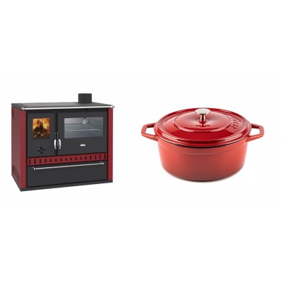 Set Küchenofen / Küchenhexe Wasserführend Prity GT W10 Rot, mit Edelstahl-Backofen, Stahlhobel und Schublade, 13.3 kW + Gusseisen Topf Tiefer Solagio, Rubin, Ф24 - Kaminofen - Holzofen mit Backfach
