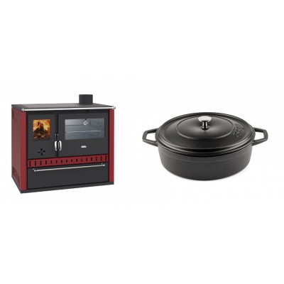 Set Küchenofen / Küchenhexe Wasserführend Prity GT W10 Rot, mit Edelstahl-Backofen, Stahlhobel und Schublade, 13.3 kW + Gusseisen Topf Flach Solagio, Black Onyx, Ф26 - Kaminofen - Holzofen mit Backfach