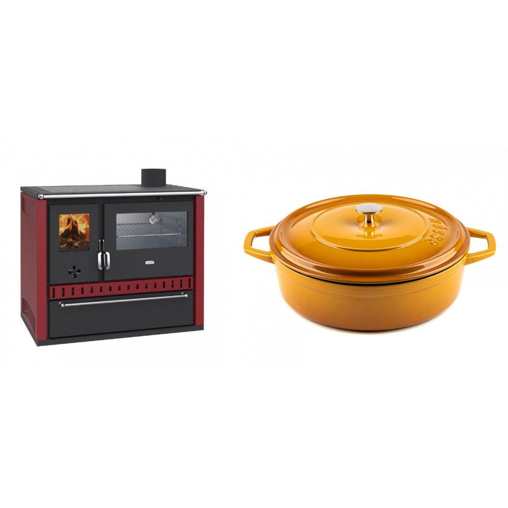 Set Küchenofen / Küchenhexe Wasserführend Prity GT W10 Rot, mit Edelstahl-Backofen, Stahlhobel und Schublade, 13.3 kW + Gusseisen Topf Flach Solagio, Dijon, Ф28 | Kaminofen - Holzofen mit Backfach | Kaminofen |