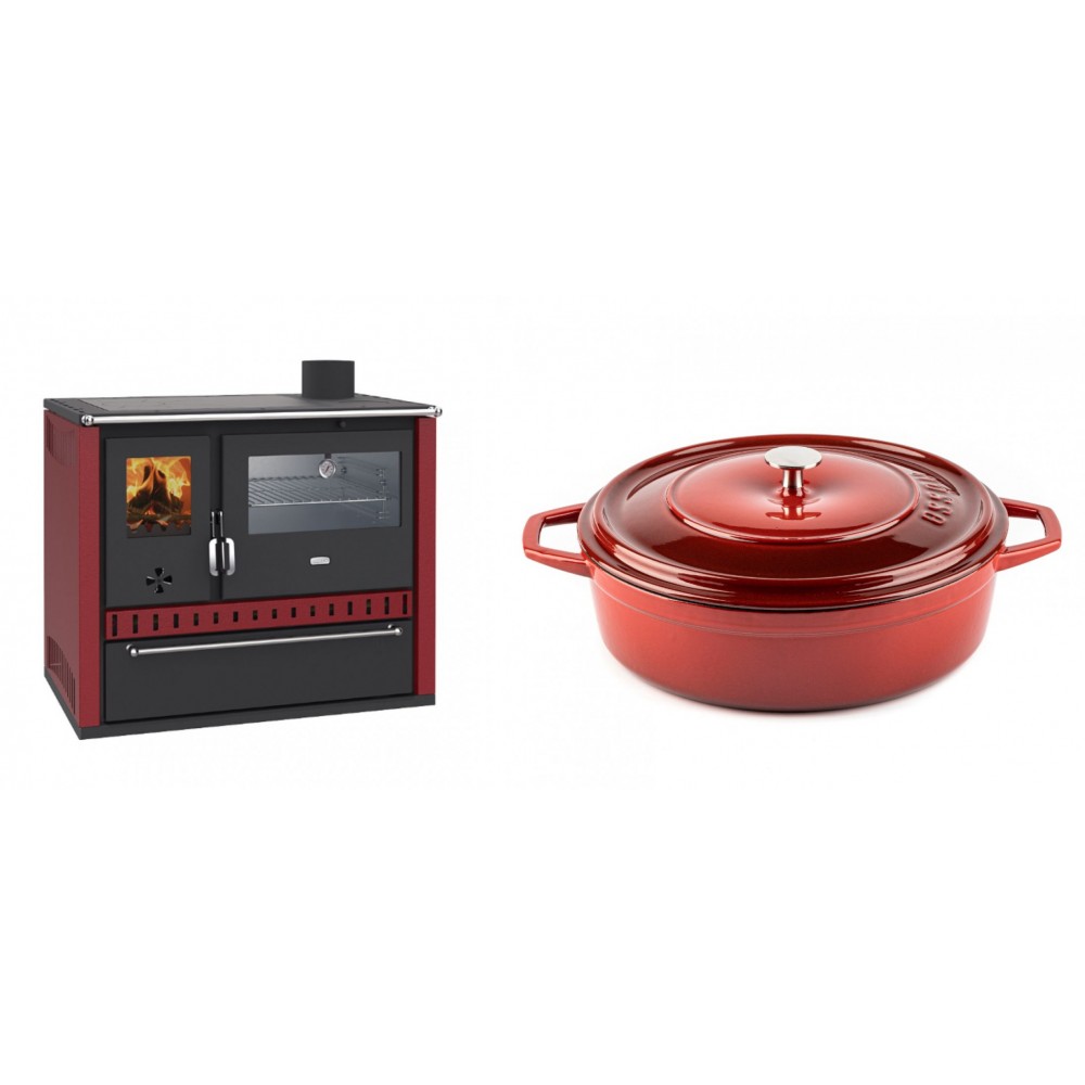 Set Küchenofen / Küchenhexe Wasserführend Prity GT W10 Rot, mit Edelstahl-Backofen, Stahlhobel und Schublade, 13.3 kW + Gusseisen Topf Flach Solagio, Rubin, Ф28