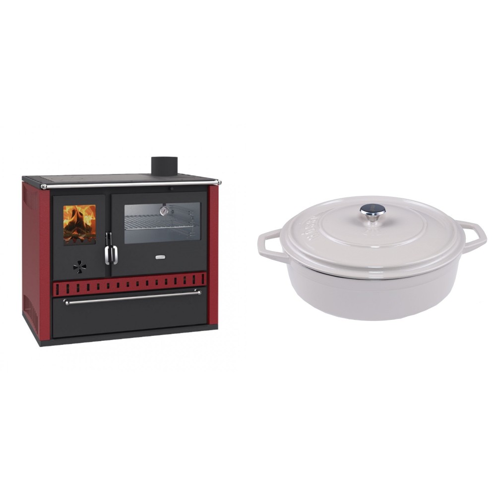 Set Küchenofen / Küchenhexe Wasserführend Prity GT W10 Rot, mit Edelstahl-Backofen, Stahlhobel und Schublade, 13.3 kW + Gusseisen Topf Flach Solagio, Ivory, Ф28 | Kaminofen - Holzofen mit Backfach | Kaminofen |