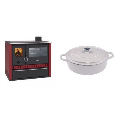 Set Küchenofen / Küchenhexe Wasserführend Prity GT W10 Rot, mit Edelstahl-Backofen, Stahlhobel und Schublade, 13.3 kW + Gusseisen Topf Flach Solagio, Ivory, Ф28 - Kaminofen - Holzofen mit Backfach