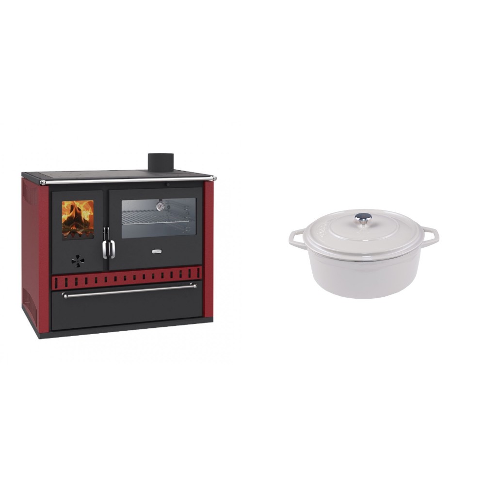 Set Küchenofen / Küchenhexe Wasserführend Prity GT W10 Rot, mit Edelstahl-Backofen, Stahlhobel und Schublade, 13.3 kW + Gusseisen Topf Tiefer Solagio, Ivory, Ф12
