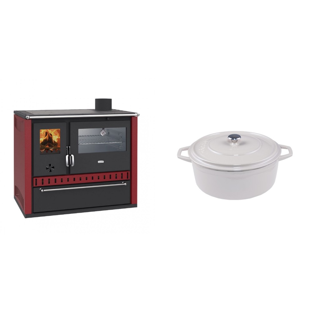 Set Küchenofen / Küchenhexe Wasserführend Prity GT W10 Rot, mit Edelstahl-Backofen, Stahlhobel und Schublade, 13.3 kW + Gusseisen Topf Tiefer Solagio, Ivory, Ф20 | Kaminofen - Holzofen mit Backfach | Kaminofen |