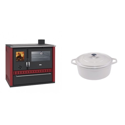 Set Küchenofen / Küchenhexe Wasserführend Prity GT W10 Rot, mit Edelstahl-Backofen, Stahlhobel und Schublade, 13.3 kW + Gusseisen Topf Tiefer Solagio, Ivory, Ф20 - Kaminofen - Holzofen mit Backfach