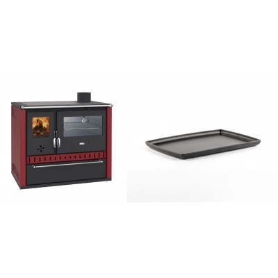 Set Küchenofen / Küchenhexe Wasserführend Prity GT W10 Rot, mit Edelstahl-Backofen, Stahlhobel und Schublade, 13.3 kW + Rechteckige Servierplatte aus Gusseisen Solagio, 21x31cm - Kaminofen - Holzofen mit Backfach