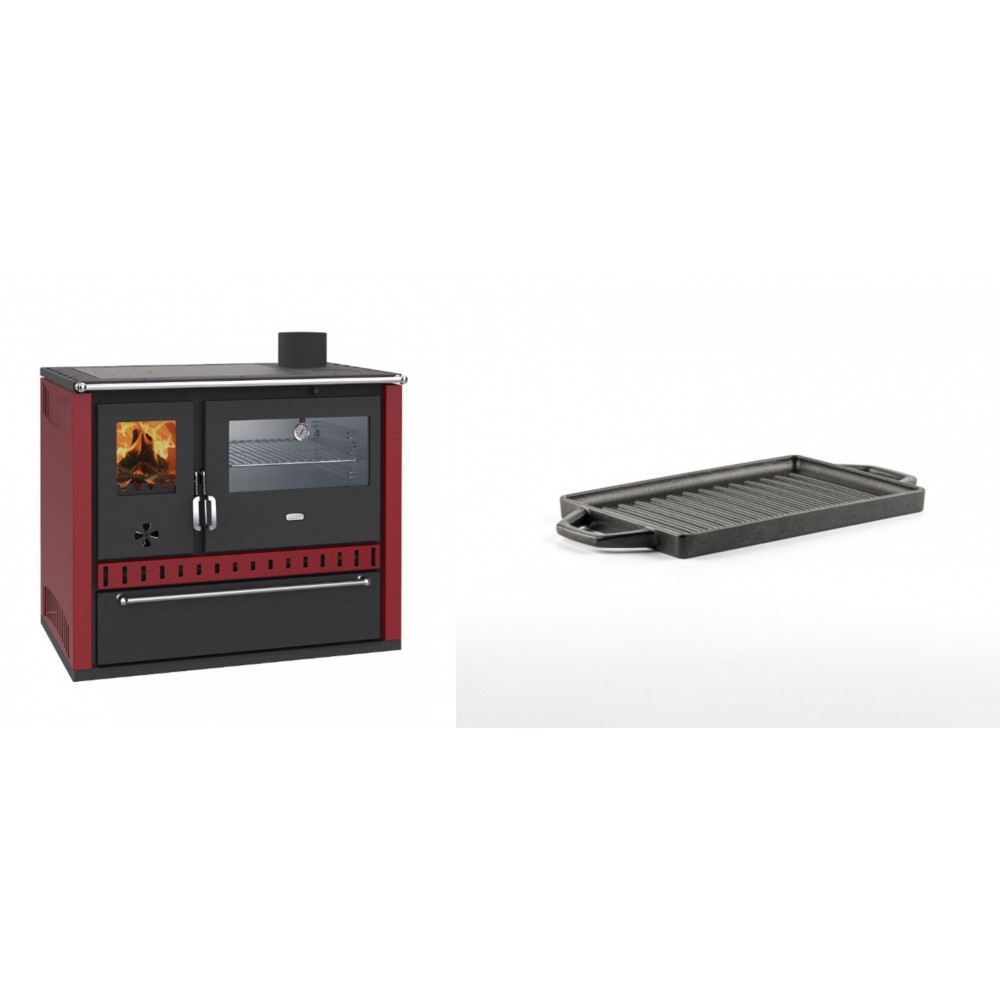 Set Küchenofen / Küchenhexe Wasserführend Prity GT W10 Rot, mit Edelstahl-Backofen, Stahlhobel und Schublade, 13.3 kW + Mini-Grillplatte aus Gusseisen Solagio, 15.5x22.5cm