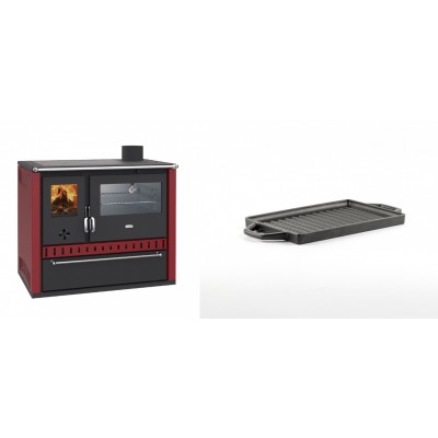 Set Küchenofen / Küchenhexe Wasserführend Prity GT W10 Rot, mit Edelstahl-Backofen, Stahlhobel und Schublade, 13.3 kW + Mini-Grillplatte aus Gusseisen Solagio, 15.5x22.5cm - Kaminofen - Holzofen mit Backfach