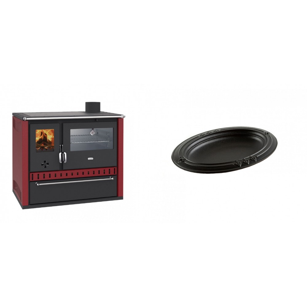 Set Küchenofen / Küchenhexe Wasserführend Prity GT W10 Rot, mit Edelstahl-Backofen, Stahlhobel und Schublade, 13.3 kW + Gusseiserne auflaufform Solagio oval, 25x33cm