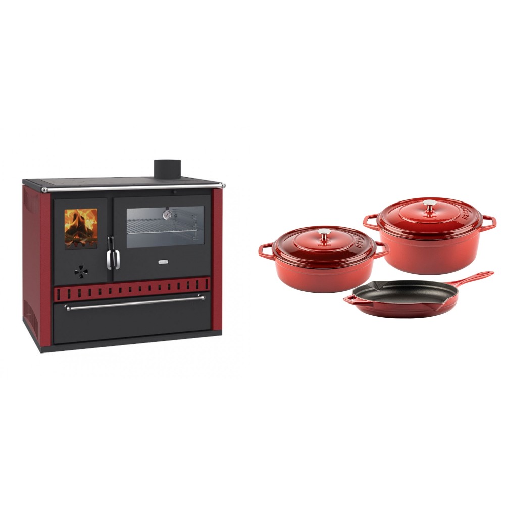 Set Küchenofen / Küchenhexe Wasserführend Prity GT W10 Rot, mit Edelstahl-Backofen, Stahlhobel und Schublade, 13.3 kW + Gusseisen Topf Set aus 3 teilen Solagio, Rubin