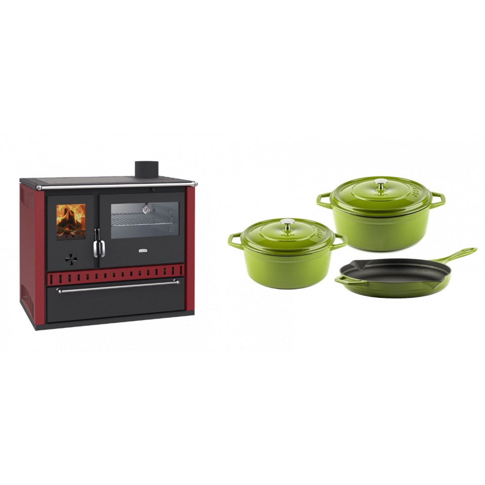 Set Küchenofen / Küchenhexe Wasserführend Prity GT W10 Rot, mit Edelstahl-Backofen, Stahlhobel und Schublade, 13.3 kW + Gusseisen Topf Set aus 3 teilen Solagio, Bamboo | Kaminofen - Holzofen mit Backfach | Kaminofen |