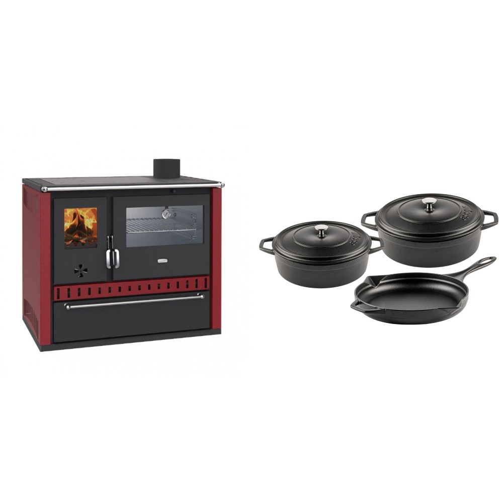 Set Küchenofen / Küchenhexe Wasserführend Prity GT W10 Rot, mit Edelstahl-Backofen, Stahlhobel und Schublade, 13.3 kW + Gusseisen Topf Set aus 3 teilen Solagio, Black Onyx