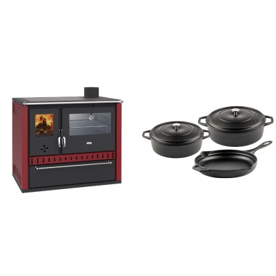 Set Küchenofen / Küchenhexe Wasserführend Prity GT W10 Rot, mit Edelstahl-Backofen, Stahlhobel und Schublade, 13.3 kW + Gusseisen Topf Set aus 3 teilen Solagio, Black Onyx - Kaminofen - Holzofen mit Backfach
