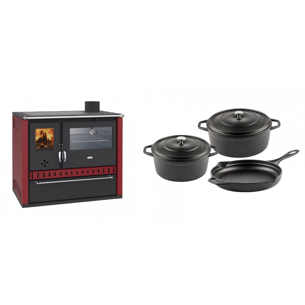 Set Küchenofen / Küchenhexe Wasserführend Prity GT W10 Rot, mit Edelstahl-Backofen, Stahlhobel und Schublade, 13.3 kW + Gusseisen Topf Set aus 3 teilen Solagio, Black Onyx