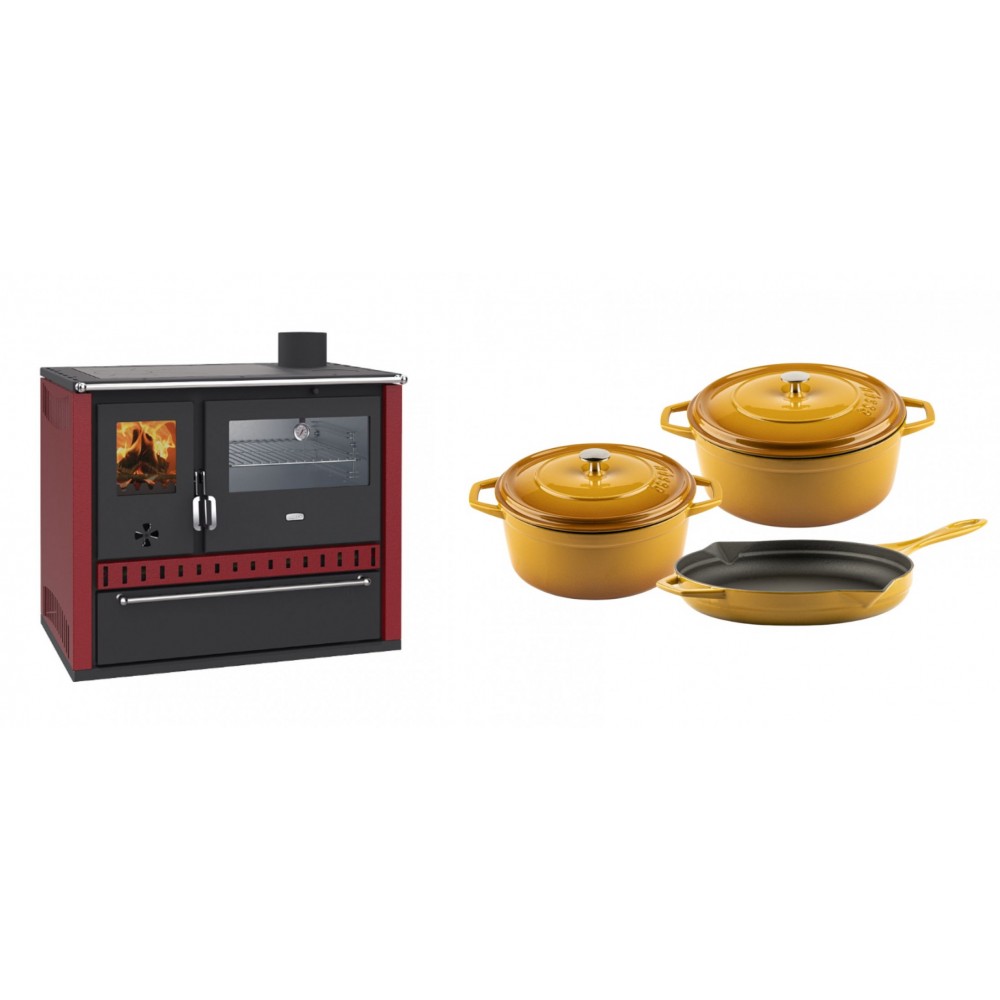 Set Küchenofen / Küchenhexe Wasserführend Prity GT W10 Rot, mit Edelstahl-Backofen, Stahlhobel und Schublade, 13.3 kW + Gusseisen Topf Set aus 3 teilen Solagio, Dijon