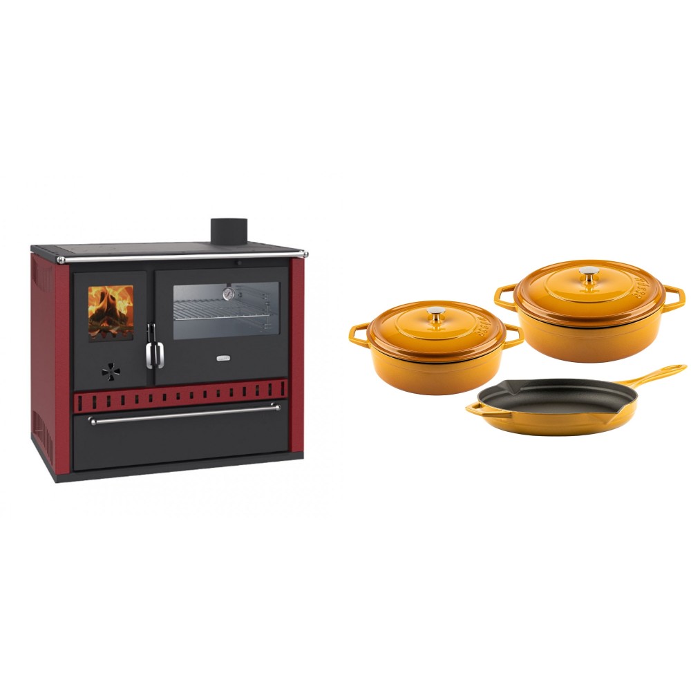 Set Küchenofen / Küchenhexe Wasserführend Prity GT W10 Rot, mit Edelstahl-Backofen, Stahlhobel und Schublade, 13.3 kW + Gusseisen Topf Set aus 3 teilen Solagio, Dijon