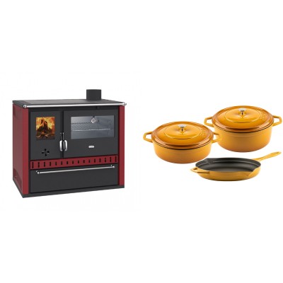 Set Küchenofen / Küchenhexe Wasserführend Prity GT W10 Rot, mit Edelstahl-Backofen, Stahlhobel und Schublade, 13.3 kW + Gusseisen Topf Set aus 3 teilen Solagio, Dijon - Kaminofen - Holzofen mit Backfach