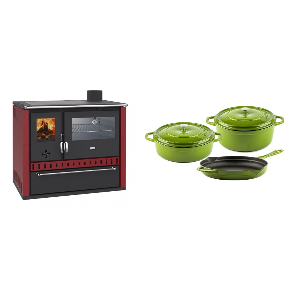 Set Küchenofen / Küchenhexe Wasserführend Prity GT W10 Rot, mit Edelstahl-Backofen, Stahlhobel und Schublade, 13.3 kW + Gusseisen Topf Set aus 3 teilen Solagio, Bamboo