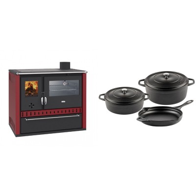 Set Küchenofen / Küchenhexe Wasserführend Prity GT W10 Rot, mit Edelstahl-Backofen, Stahlhobel und Schublade, 13.3 kW + Gusseisen Topf Set aus 3 teilen Solagio, Black Onyx - Kaminofen - Holzofen mit Backfach