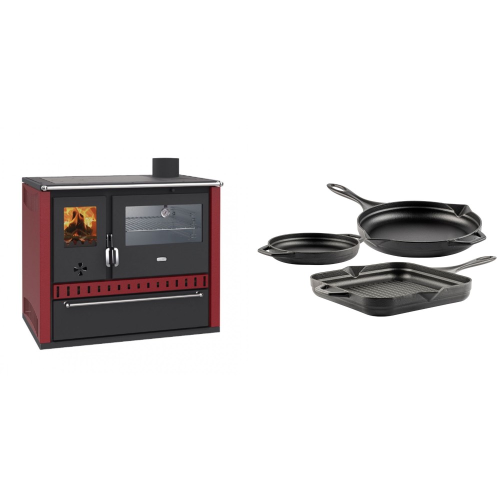 Set Küchenofen / Küchenhexe Wasserführend Prity GT W10 Rot, mit Edelstahl-Backofen, Stahlhobel und Schublade, 13.3 kW + Gusseisen Topf Set aus 3 teilen Solagio, Black Onyx