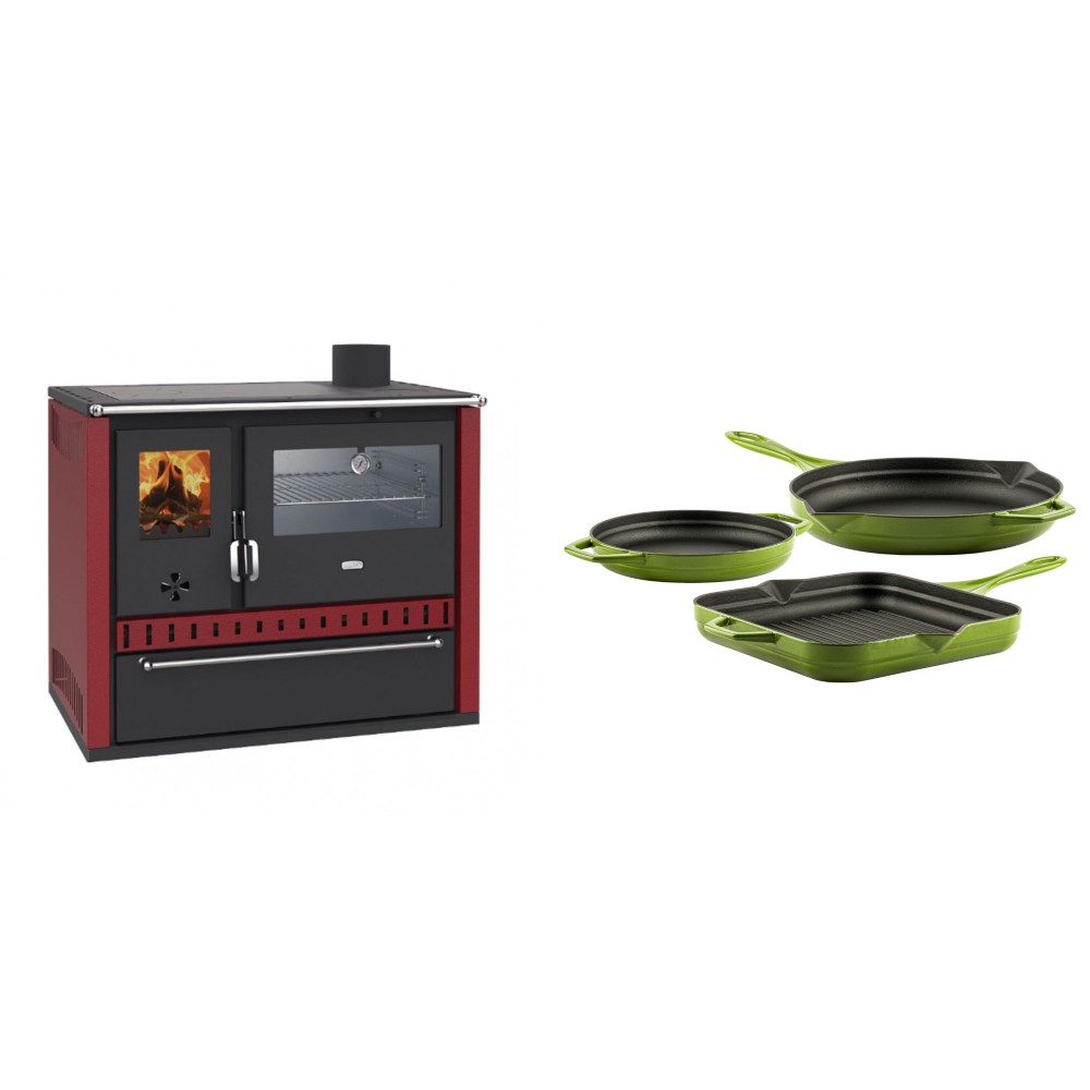 Set Küchenofen / Küchenhexe Wasserführend Prity GT W10 Rot, mit Edelstahl-Backofen, Stahlhobel und Schublade, 13.3 kW + Gusseisen Topf Set aus 3 teilen Solagio, Bamboo