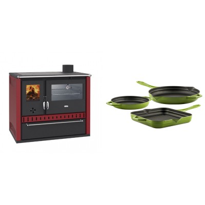 Set Küchenofen / Küchenhexe Wasserführend Prity GT W10 Rot, mit Edelstahl-Backofen, Stahlhobel und Schublade, 13.3 kW + Gusseisen Topf Set aus 3 teilen Solagio, Bamboo - Kaminofen - Holzofen mit Backfach