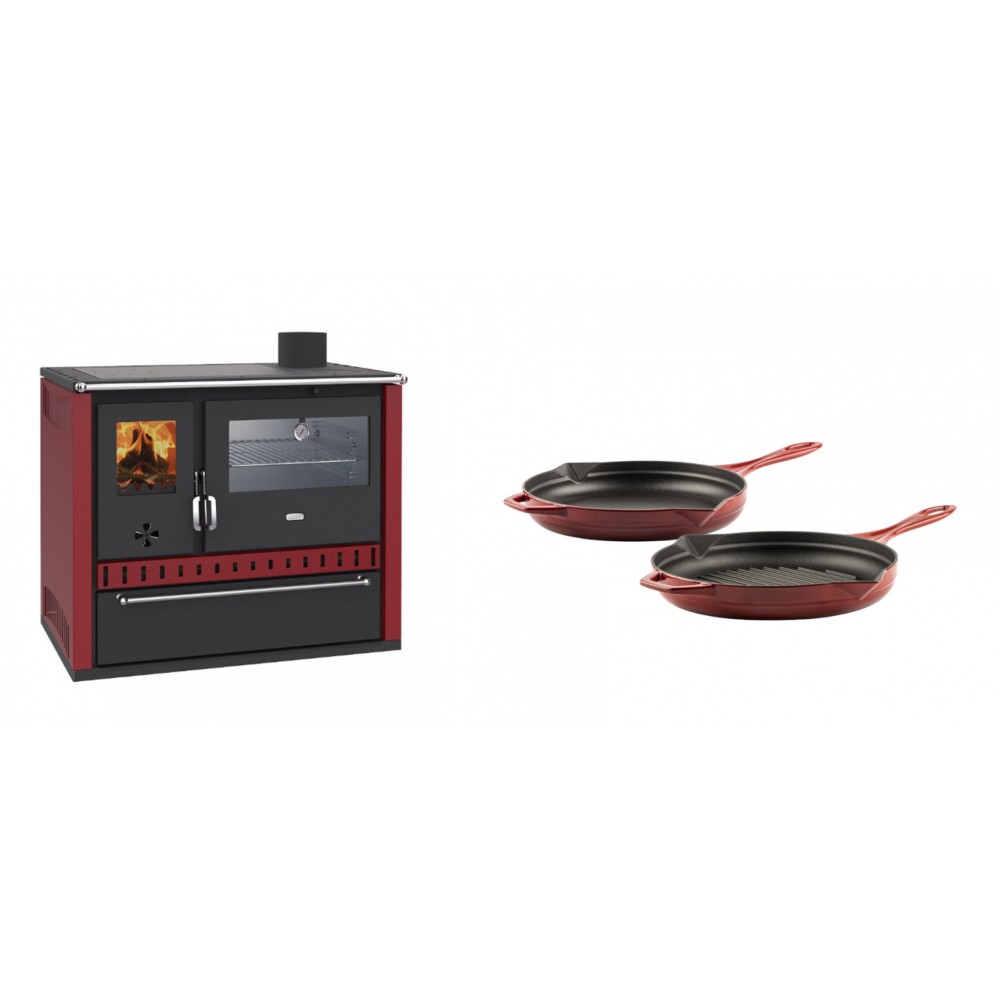 Set Küchenofen / Küchenhexe Wasserführend Prity GT W10 Rot, mit Edelstahl-Backofen, Stahlhobel und Schublade, 13.3 kW + Gusseisen Topf Set aus 2 teilen Solagio, Rubin | Kaminofen - Holzofen mit Backfach | Kaminofen |