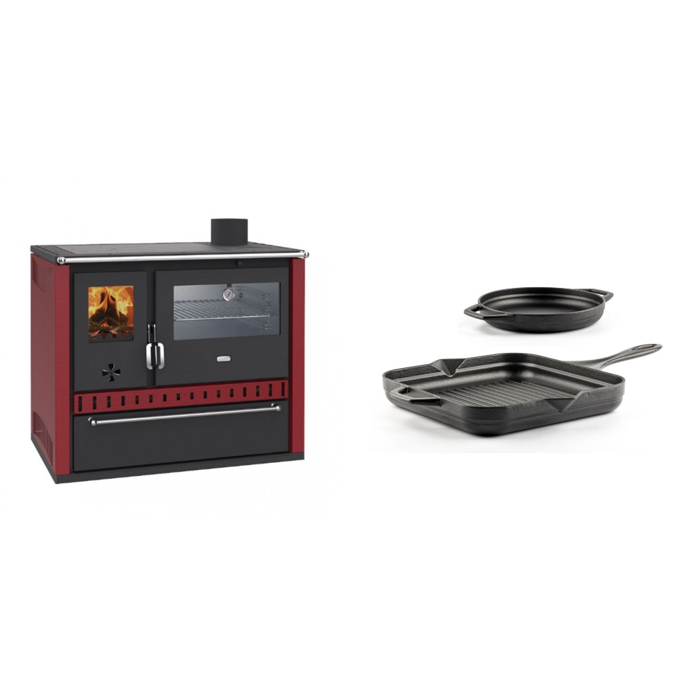 Set Küchenofen / Küchenhexe Wasserführend Prity GT W10 Rot, mit Edelstahl-Backofen, Stahlhobel und Schublade, 13.3 kW + Gusseisen Topf Set aus 2 teilen Solagio, Black Onyx