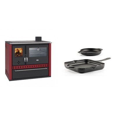 Set Küchenofen / Küchenhexe Wasserführend Prity GT W10 Rot, mit Edelstahl-Backofen, Stahlhobel und Schublade, 13.3 kW + Gusseisen Topf Set aus 2 teilen Solagio, Black Onyx - Kaminofen - Holzofen mit Backfach