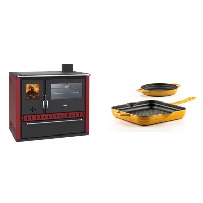 Set Küchenofen / Küchenhexe Wasserführend Prity GT W10 Rot, mit Edelstahl-Backofen, Stahlhobel und Schublade, 13.3 kW + Gusseisen Topf Set aus 2 teilen Solagio, Dijon - Kaminofen - Holzofen mit Backfach