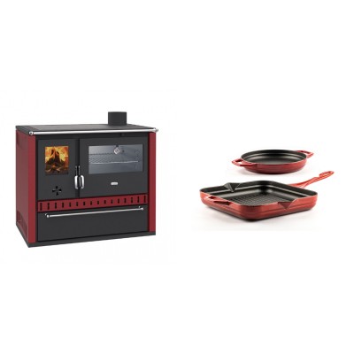 Set Küchenofen / Küchenhexe Wasserführend Prity GT W10 Rot, mit Edelstahl-Backofen, Stahlhobel und Schublade, 13.3 kW + Gusseisen Topf Set aus 2 teilen Solagio, Rubin - Kaminofen - Holzofen mit Backfach