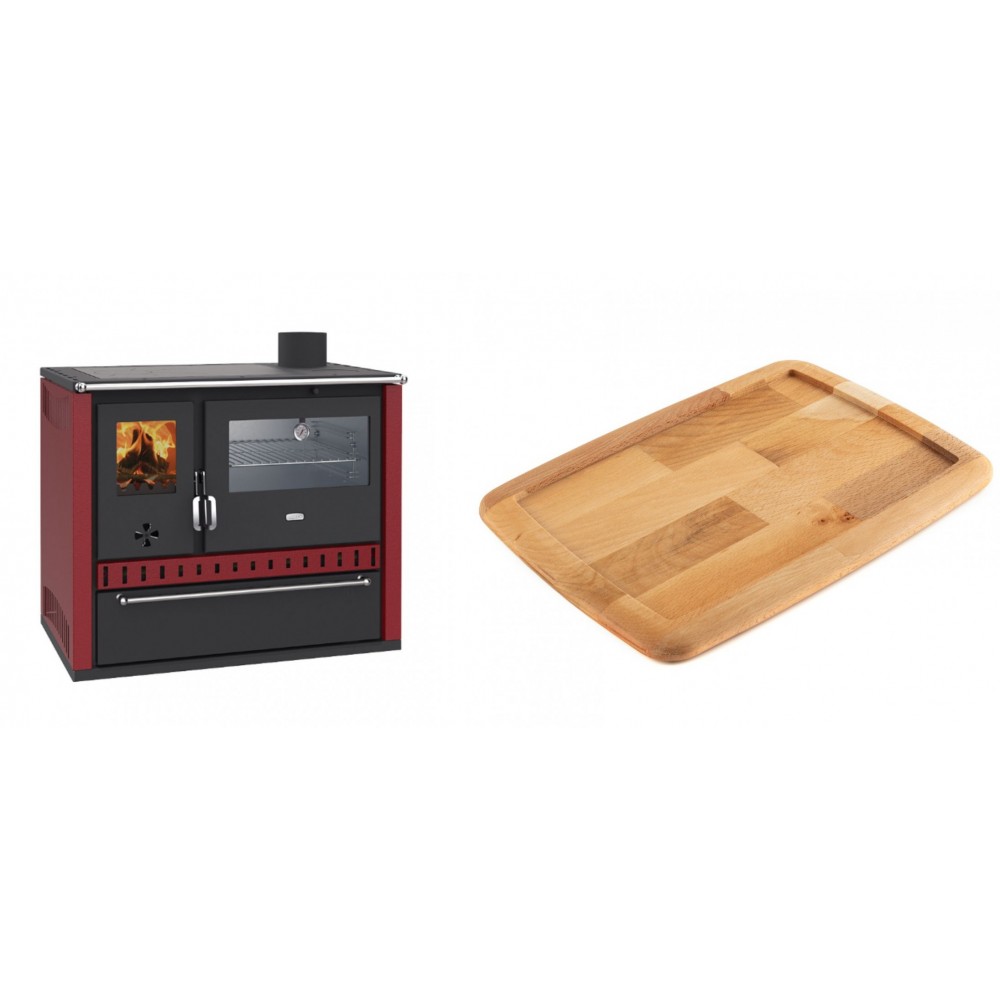 Set Küchenofen / Küchenhexe Wasserführend Prity GT W10 Rot, mit Edelstahl-Backofen, Stahlhobel und Schublade, 13.3 kW + Holz untersetzer für gusseisenplatte Solagio HSST2131