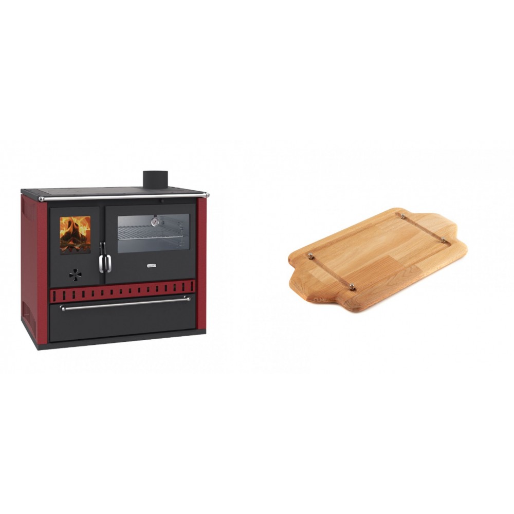 Set Küchenofen / Küchenhexe Wasserführend Prity GT W10 Rot, mit Edelstahl-Backofen, Stahlhobel und Schublade, 13.3 kW + Holz untersetzer für mini-gusseisenplatte Solagio HSDDHP1522 | Kaminofen - Holzofen mit Backfach | Kaminofen |