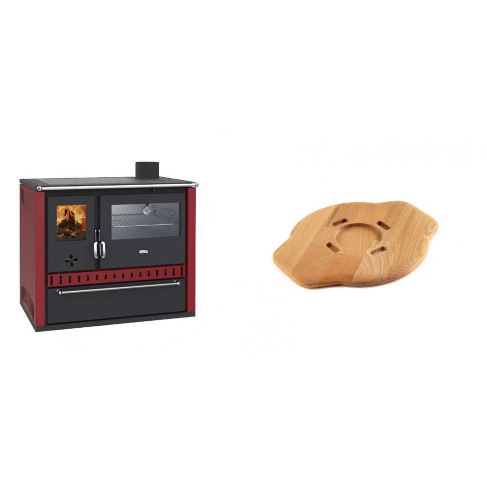 Set Küchenofen / Küchenhexe Wasserführend Prity GT W10 Rot, mit Edelstahl-Backofen, Stahlhobel und Schublade, 13.3 kW + Holz untersetzer für gusseisenplatte Solagio HSYSAK20