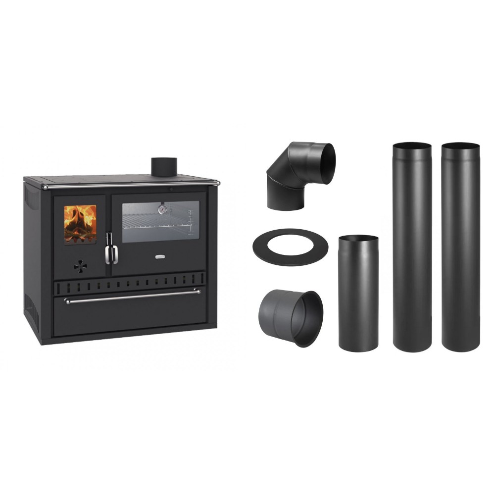 Set Küchenofen / Küchenhexe Wasserführend Prity GT W10, mit Edelstahl-Backofen, Stahlhobel und Schublade, 13.3 kW + Schornstein Bausatz PARKANEX, Stahl Ø150, Dicke 2mm