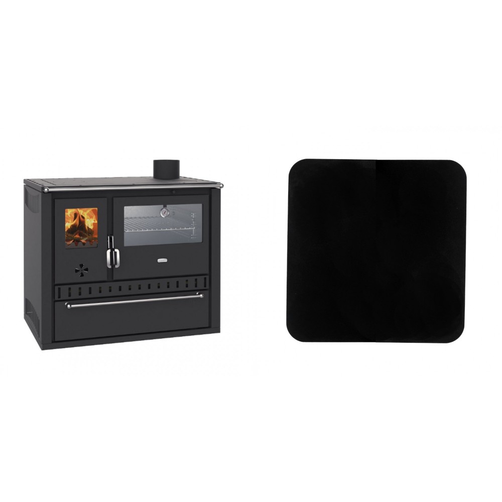 Set Küchenofen / Küchenhexe Wasserführend Prity GT W10, mit Edelstahl-Backofen, Stahlhobel und Schublade, 13.3 kW + Funkenschutzplatte Stahl 2mm, Größe 98x98cm | Kaminofen - Holzofen mit Backfach | Prity |