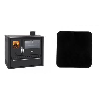 Set Küchenofen / Küchenhexe Wasserführend Prity GT W10, mit Edelstahl-Backofen, Stahlhobel und Schublade, 13.3 kW + Funkenschutzplatte Stahl 2mm, Größe 98x98cm - Kaminofen - Holzofen mit Backfach