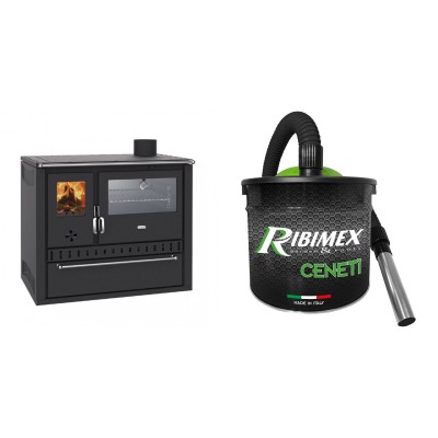 Set Küchenofen / Küchenhexe Wasserführend Prity GT W10, mit Edelstahl-Backofen, Stahlhobel und Schublade, 13.3 kW + Elektrischer Aschesauger Ribimex, Modell Cenetì, Fassungsvermögen 15 L - Kaminofen - Holzofen mit Backfach