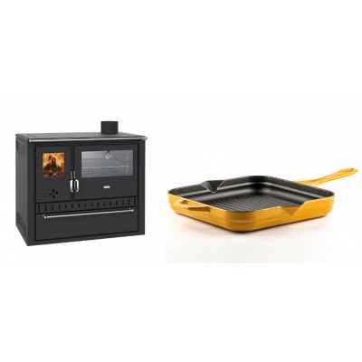 Set Küchenofen / Küchenhexe Wasserführend Prity GT W10, mit Edelstahl-Backofen, Stahlhobel und Schublade, 13.3 kW + Emaillierte grillpfanne Gusseisen Solagio, Dijon, 28х28cm - Kaminofen - Holzofen mit Backfach