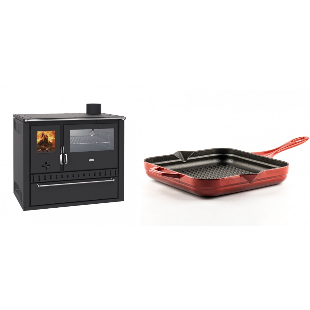 Set Küchenofen / Küchenhexe Wasserführend Prity GT W10, mit Edelstahl-Backofen, Stahlhobel und Schublade, 13.3 kW + Emaillierte grillpfanne Gusseisen Solagio, Rubin, 28x28cm