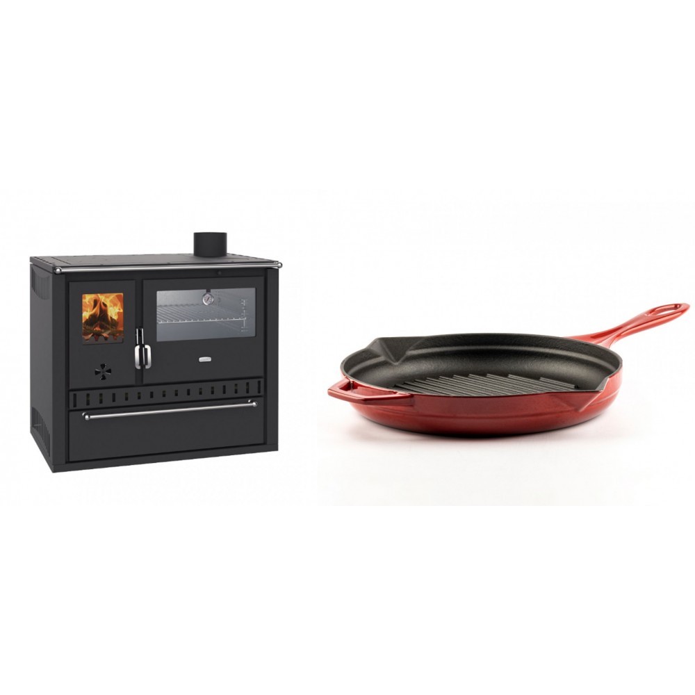 Set Küchenofen / Küchenhexe Wasserführend Prity GT W10, mit Edelstahl-Backofen, Stahlhobel und Schublade, 13.3 kW + Emaillierte grillpfanne Gusseisen Solagio, Rubin, Ф28cm