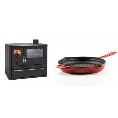 Set Küchenofen / Küchenhexe Wasserführend Prity GT W10, mit Edelstahl-Backofen, Stahlhobel und Schublade, 13.3 kW + Emaillierte grillpfanne Gusseisen Solagio, Rubin, Ф28cm - Kaminofen - Holzofen mit Backfach