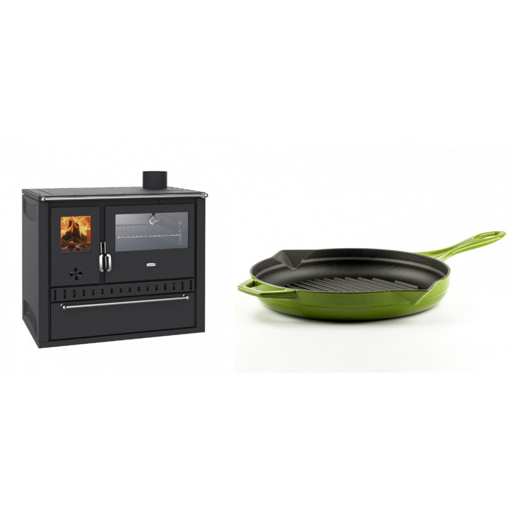 Set Küchenofen / Küchenhexe Wasserführend Prity GT W10, mit Edelstahl-Backofen, Stahlhobel und Schublade, 13.3 kW + Emaillierte grillpfanne Gusseisen Solagio, Bamboo, Ф28cm | Kaminofen - Holzofen mit Backfach | Kaminofen |