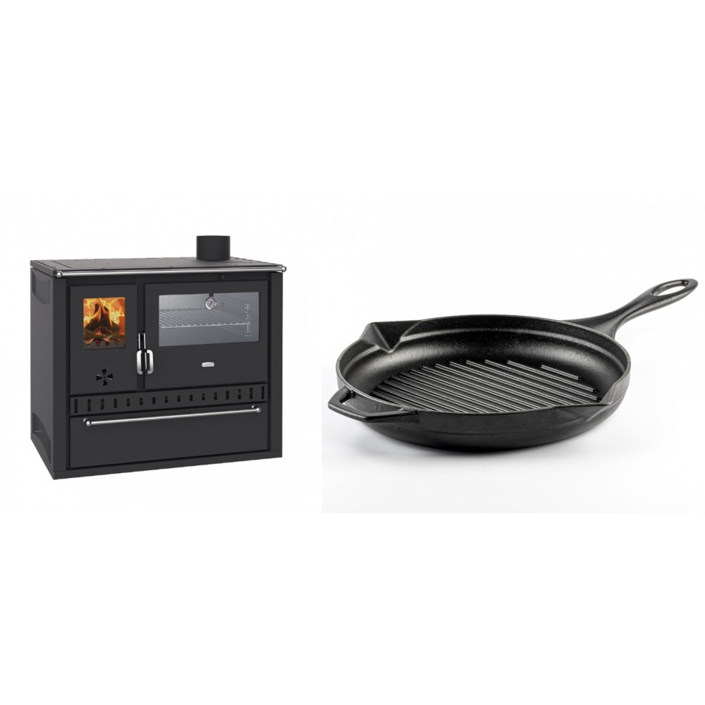 Set Küchenofen / Küchenhexe Wasserführend Prity GT W10, mit Edelstahl-Backofen, Stahlhobel und Schublade, 13.3 kW + Emaillierte grillpfanne Gusseisen Solagio, Black Onyx, Ф28cm | Kaminofen - Holzofen mit Backfach | Kaminofen |