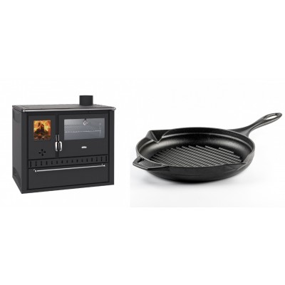 Set Küchenofen / Küchenhexe Wasserführend Prity GT W10, mit Edelstahl-Backofen, Stahlhobel und Schublade, 13.3 kW + Emaillierte grillpfanne Gusseisen Solagio, Black Onyx, Ф28cm - Kaminofen - Holzofen mit Backfach