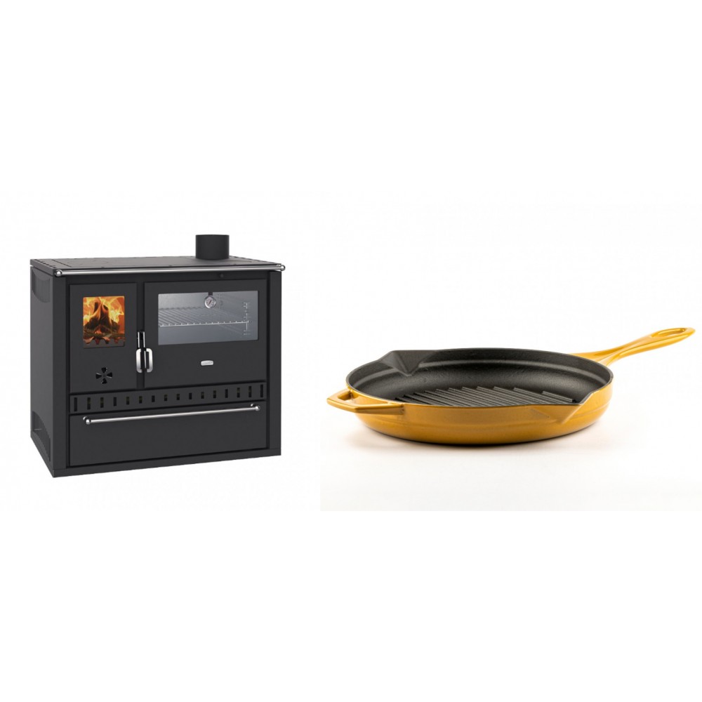 Set Küchenofen / Küchenhexe Wasserführend Prity GT W10, mit Edelstahl-Backofen, Stahlhobel und Schublade, 13.3 kW + Emaillierte grillpfanne Gusseisen Solagio, Dijon, Ф28cm | Kaminofen - Holzofen mit Backfach | Kaminofen |