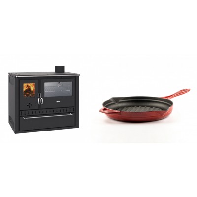 Set Küchenofen / Küchenhexe Wasserführend Prity GT W10, mit Edelstahl-Backofen, Stahlhobel und Schublade, 13.3 kW + Emaillierte grillpfanne Gusseisen Solagio, Rubin, Ф24cm - Kaminofen - Holzofen mit Backfach