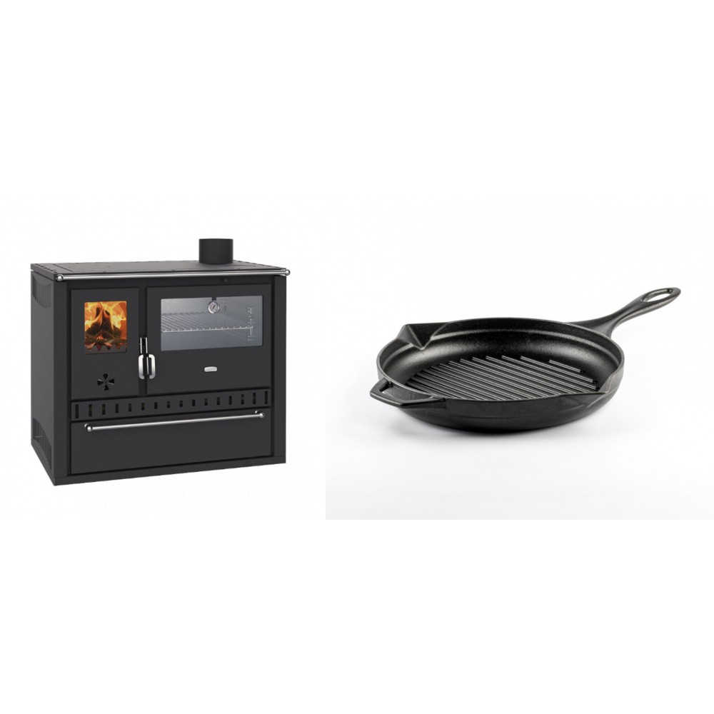 Set Küchenofen / Küchenhexe Wasserführend Prity GT W10, mit Edelstahl-Backofen, Stahlhobel und Schublade, 13.3 kW + Emaillierte grillpfanne Gusseisen Solagio, Black Onyx, Ф24cm | Kaminofen - Holzofen mit Backfach | Kaminofen |