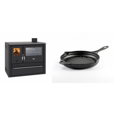 Set Küchenofen / Küchenhexe Wasserführend Prity GT W10, mit Edelstahl-Backofen, Stahlhobel und Schublade, 13.3 kW + Emaillierte grillpfanne Gusseisen Solagio, Black Onyx, Ф24cm - Kaminofen - Holzofen mit Backfach